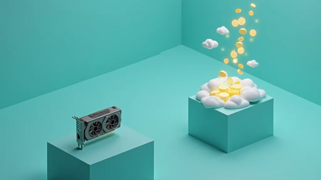 Balance between an idle GPU card and a stream of tokens, illustrating per-token versus dedicated GPU cost